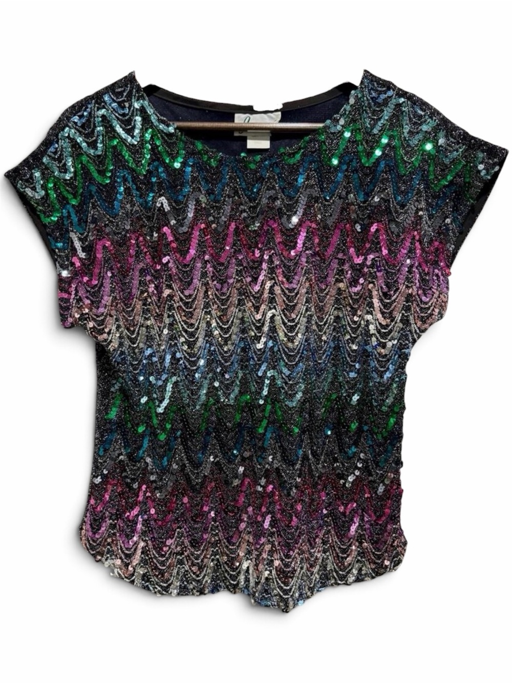 Vintage Sequin Party Top Disco Glam Rainbow Metallic Made in USA L